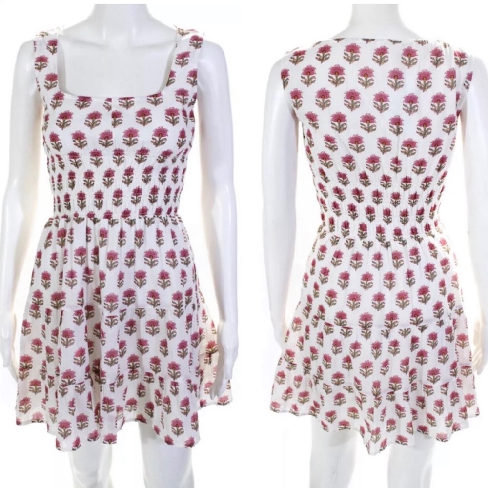 White Floral Smocked Mini Dress - Pink Pattern